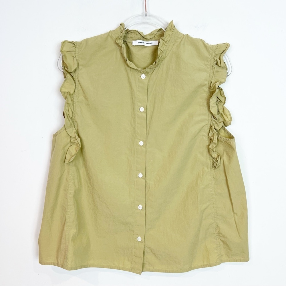 SAMSOE SAMSOE GREENISH FRILL SLEEVE MARTHY ORGANIC COTTON BLOUSE SZ LARGE - Picture 2 of 4